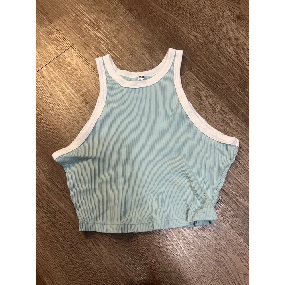 Uniqlo Ribbed Halter Neck Crop Tank Top Light Blue White Trim Large